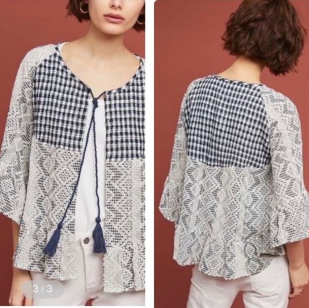 Anthropologie Gingham Eyelet Cropped Kimono